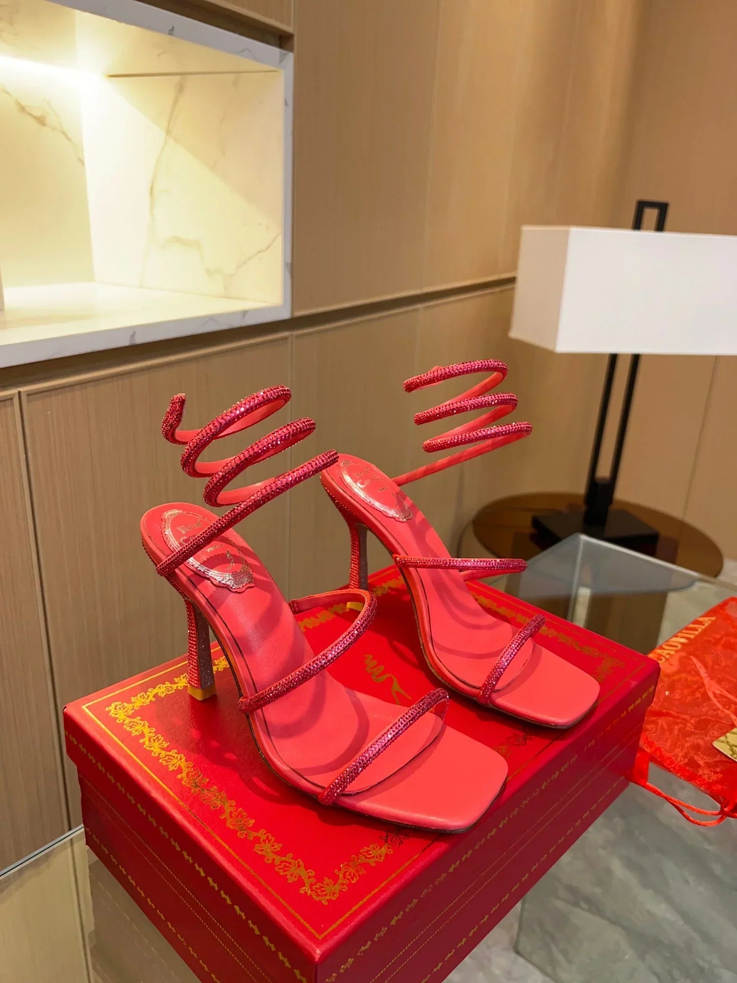 Red Cleo Crystal Strap Sandals