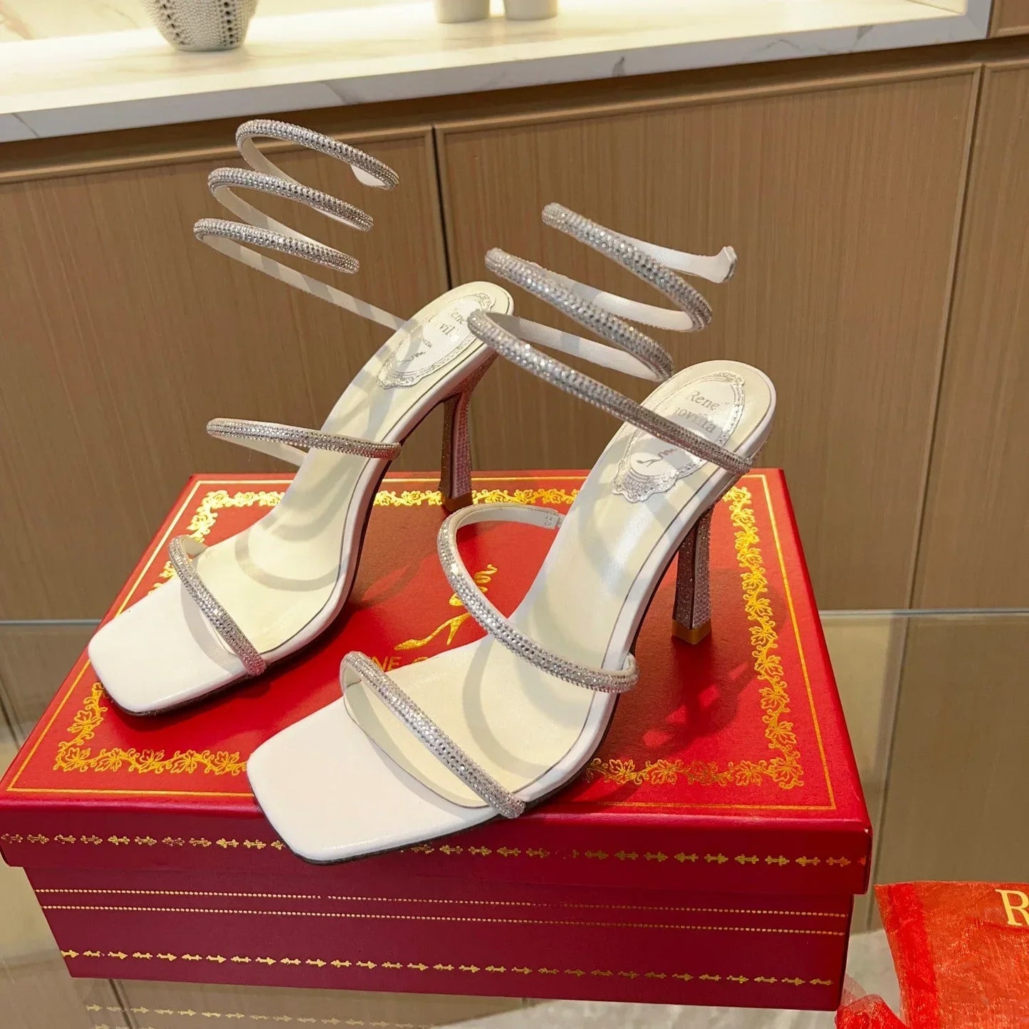White Cleo Crystal Strap Sandals